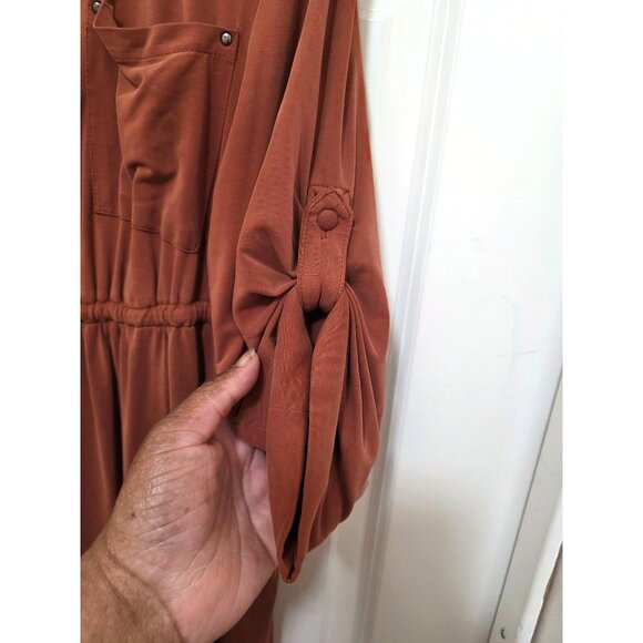Torrid Rust Brown Midi Dress Zipper Front Drawstring Waist & Rolled Sleeves Size - Picture 7 of 10